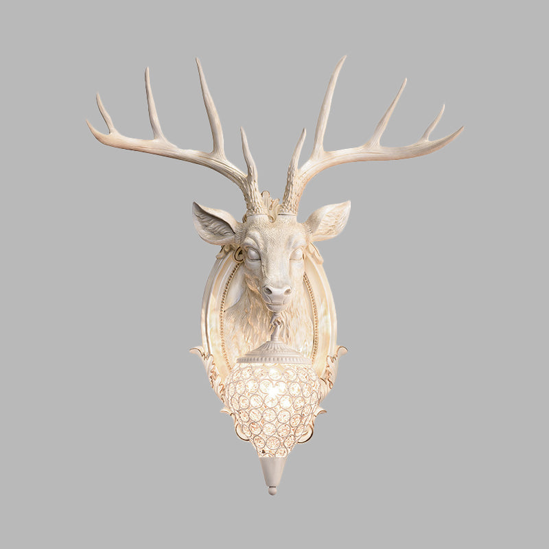 Resin Deer Shape Wall Mounted Light Cottage 1 Bulb Drawing Room Wall Sconce with Hand-Cut Crystal Shade in White/Beige/Orange Clearhalo 'Wall Lamps & Sconces' 'Wall Lights' Lighting' 1687579