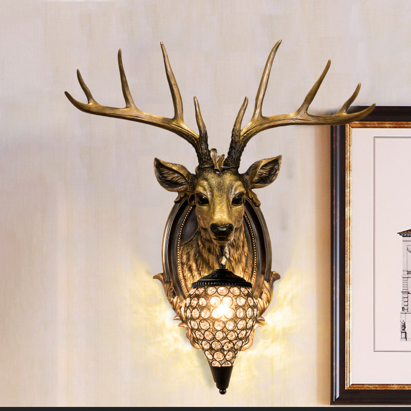 Resin Deer Shape Wall Mounted Light Cottage 1 Bulb Drawing Room Wall Sconce with Hand-Cut Crystal Shade in White/Beige/Orange Bronze Clearhalo 'Wall Lamps & Sconces' 'Wall Lights' Lighting' 1687581