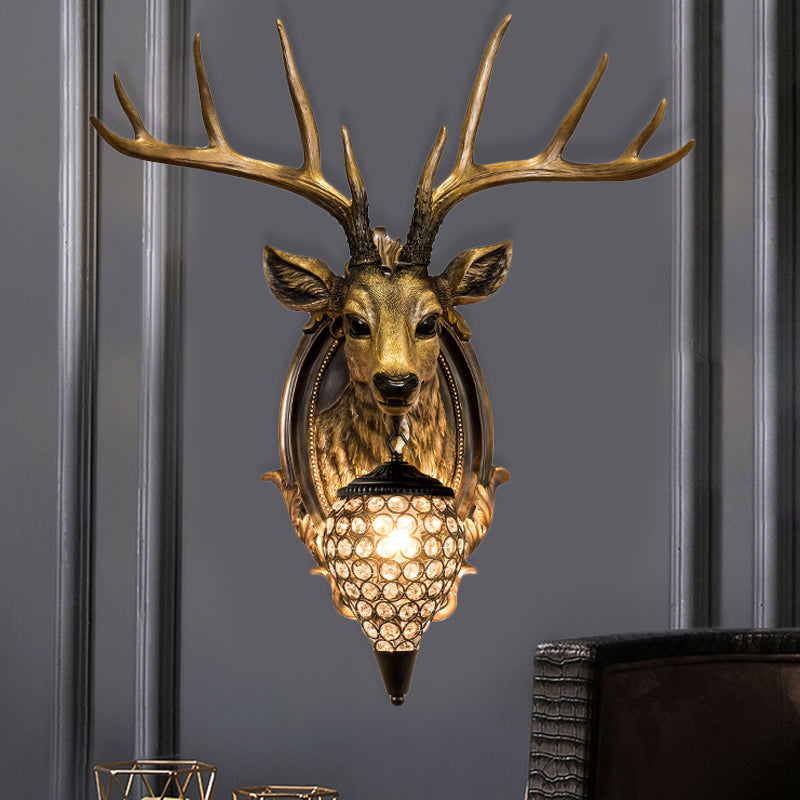 Resin Deer Shape Wall Mounted Light Cottage 1 Bulb Drawing Room Wall Sconce with Hand-Cut Crystal Shade in White/Beige/Orange Clearhalo 'Wall Lamps & Sconces' 'Wall Lights' Lighting' 1687582