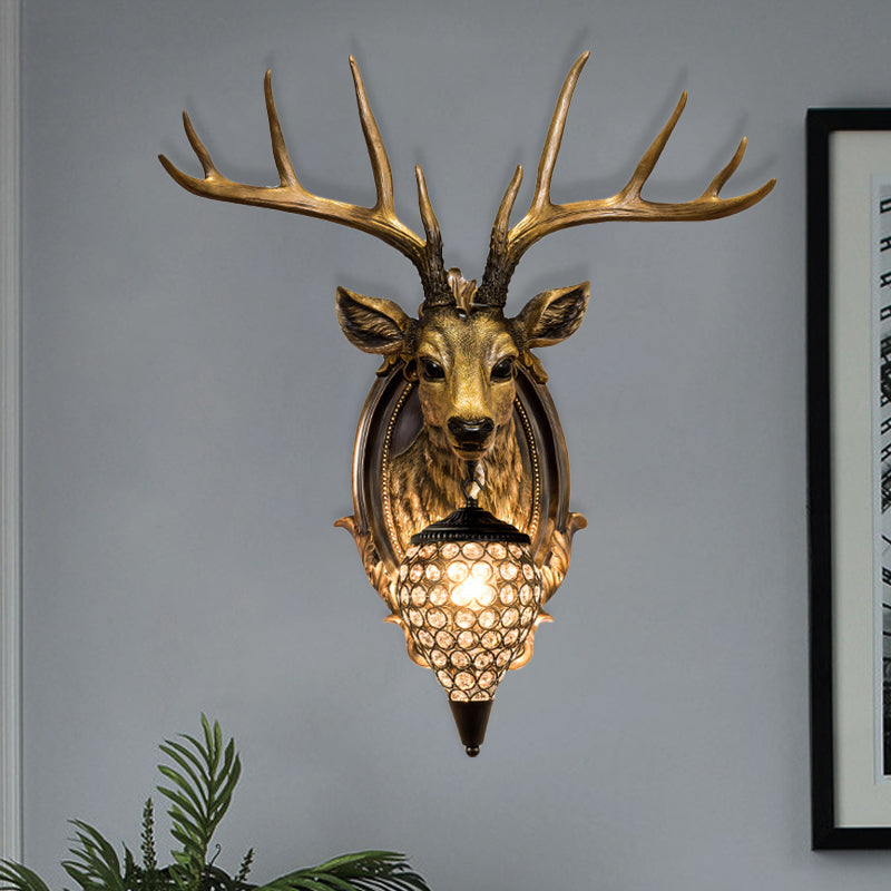 Resin Deer Shape Wall Mounted Light Cottage 1 Bulb Drawing Room Wall Sconce with Hand-Cut Crystal Shade in White/Beige/Orange Clearhalo 'Wall Lamps & Sconces' 'Wall Lights' Lighting' 1687583