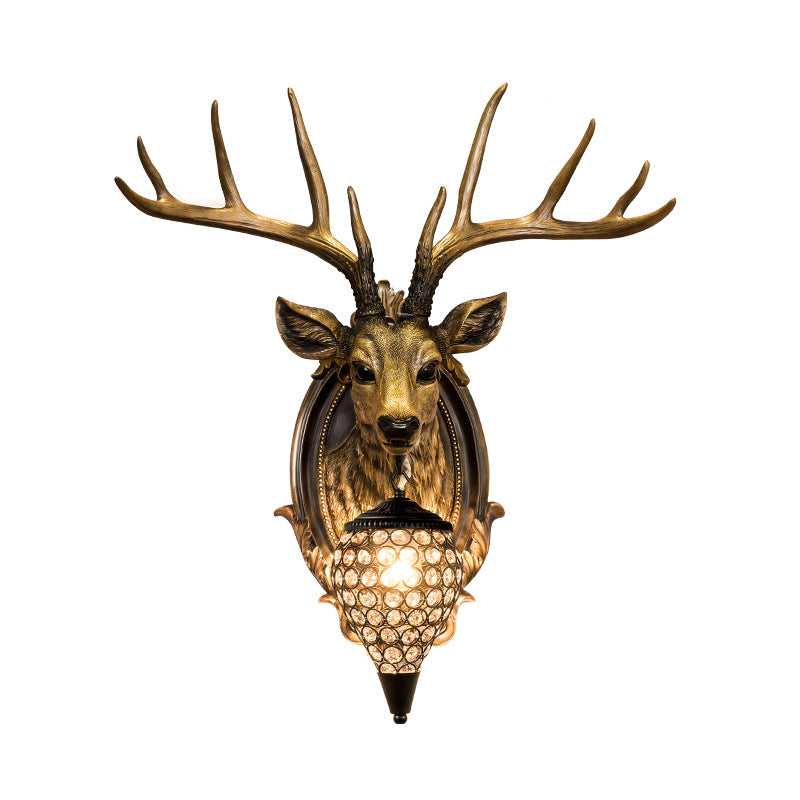 Resin Deer Shape Wall Mounted Light Cottage 1 Bulb Drawing Room Wall Sconce with Hand-Cut Crystal Shade in White/Beige/Orange Clearhalo 'Wall Lamps & Sconces' 'Wall Lights' Lighting' 1687584