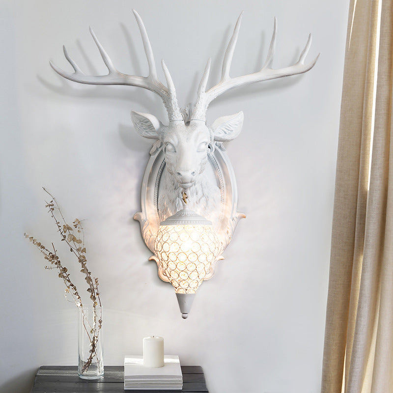 Resin Deer Shape Wall Mounted Light Cottage 1 Bulb Drawing Room Wall Sconce with Hand-Cut Crystal Shade in White/Beige/Orange White Clearhalo 'Wall Lamps & Sconces' 'Wall Lights' Lighting' 1687585