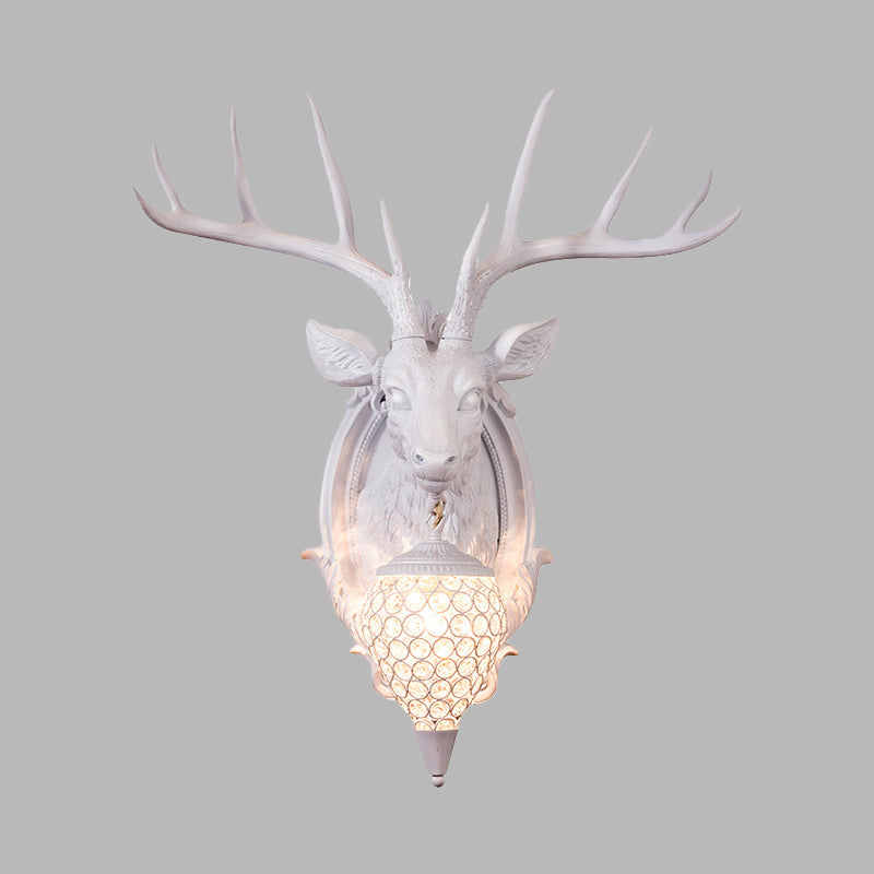 Resin Deer Shape Wall Mounted Light Cottage 1 Bulb Drawing Room Wall Sconce with Hand-Cut Crystal Shade in White/Beige/Orange Clearhalo 'Wall Lamps & Sconces' 'Wall Lights' Lighting' 1687587