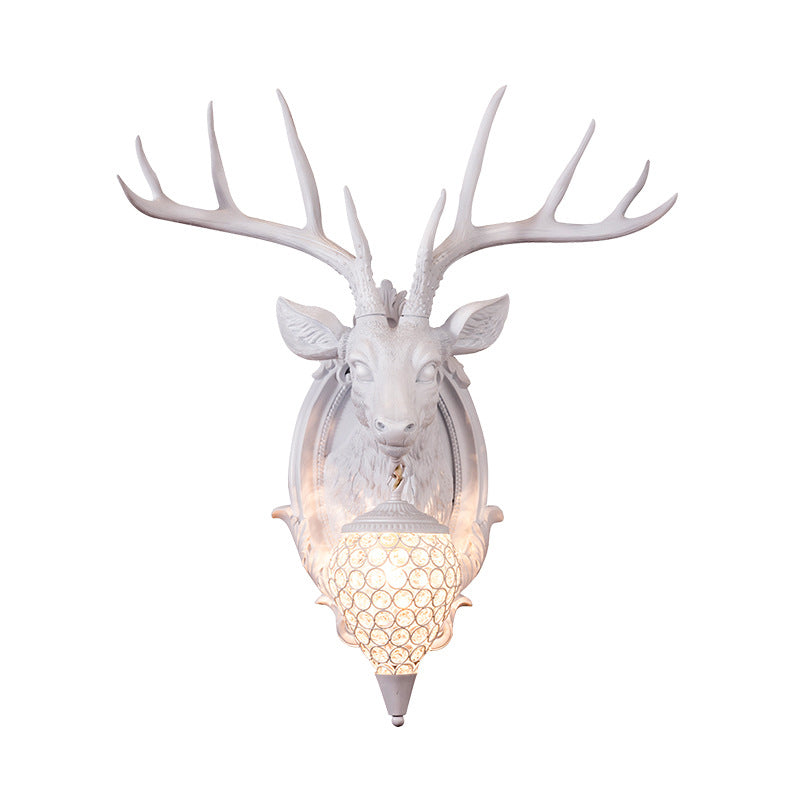 Resin Deer Shape Wall Mounted Light Cottage 1 Bulb Drawing Room Wall Sconce with Hand-Cut Crystal Shade in White/Beige/Orange Clearhalo 'Wall Lamps & Sconces' 'Wall Lights' Lighting' 1687588