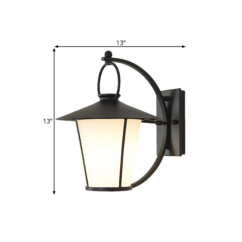 Conical Opal Glass Wall Mount Light Vintage 1-Head Courtyard Wall Lighting Ideas with Arc Arm in Black/Brass Clearhalo 'Art deco wall lights' 'Cast Iron' 'Glass' 'Industrial wall lights' 'Industrial' 'Middle century wall lights' 'Modern' 'Rustic wall lights' 'Tiffany' 'Traditional wall lights' 'Wall Lamps & Sconces' 'Wall Lights' Lighting' 1687622