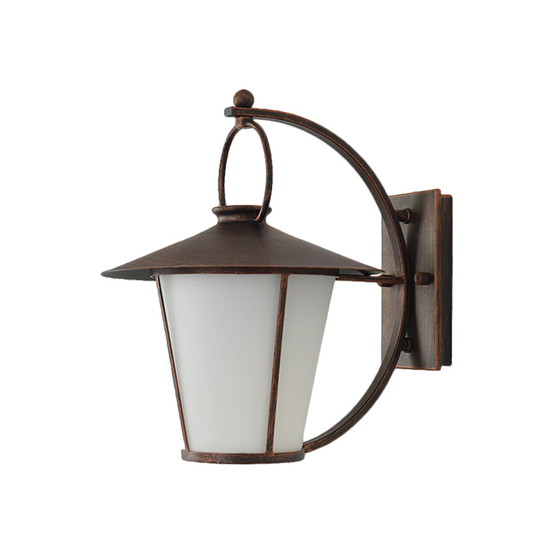 Conical Opal Glass Wall Mount Light Vintage 1-Head Courtyard Wall Lighting Ideas with Arc Arm in Black/Brass Clearhalo 'Art deco wall lights' 'Cast Iron' 'Glass' 'Industrial wall lights' 'Industrial' 'Middle century wall lights' 'Modern' 'Rustic wall lights' 'Tiffany' 'Traditional wall lights' 'Wall Lamps & Sconces' 'Wall Lights' Lighting' 1687626