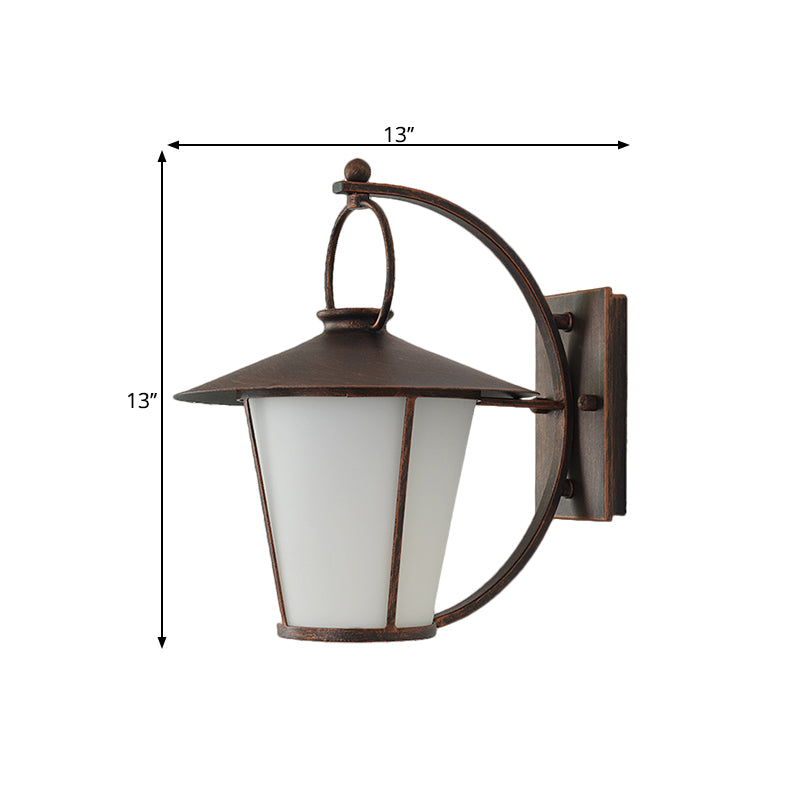 Conical Opal Glass Wall Mount Light Vintage 1-Head Courtyard Wall Lighting Ideas with Arc Arm in Black/Brass Clearhalo 'Art deco wall lights' 'Cast Iron' 'Glass' 'Industrial wall lights' 'Industrial' 'Middle century wall lights' 'Modern' 'Rustic wall lights' 'Tiffany' 'Traditional wall lights' 'Wall Lamps & Sconces' 'Wall Lights' Lighting' 1687627