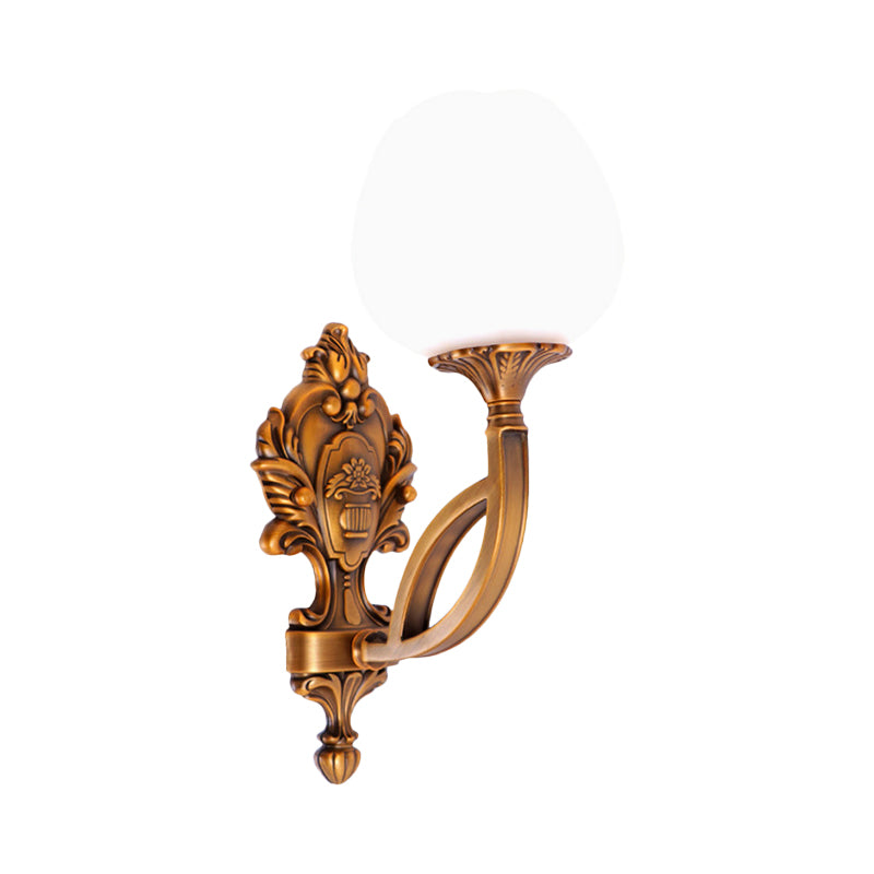 Tulip White Glass Wall Light Sconce Country 1/2-Bulb Living Room Wall Lighting Fixture in Brass with Curved Arm Clearhalo 'Wall Lamps & Sconces' 'Wall Lights' Lighting' 1687643