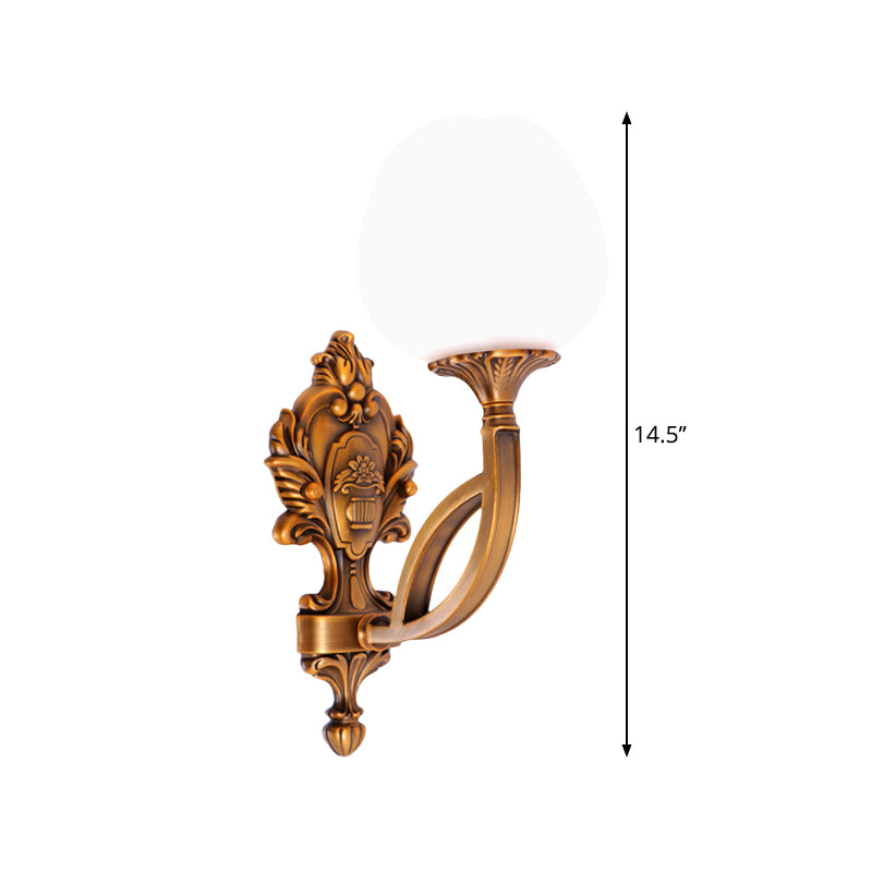 Tulip White Glass Wall Light Sconce Country 1/2-Bulb Living Room Wall Lighting Fixture in Brass with Curved Arm Clearhalo 'Wall Lamps & Sconces' 'Wall Lights' Lighting' 1687644