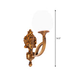 Tulip White Glass Wall Light Sconce Country 1/2-Bulb Living Room Wall Lighting Fixture in Brass with Curved Arm Clearhalo 'Wall Lamps & Sconces' 'Wall Lights' Lighting' 1687644