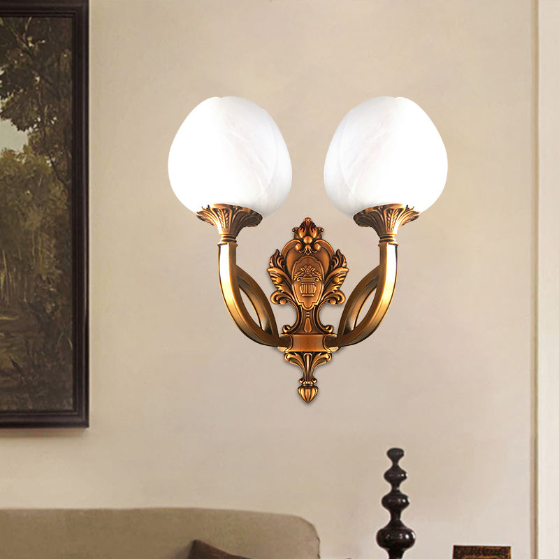 Tulip White Glass Wall Light Sconce Country 1/2-Bulb Living Room Wall Lighting Fixture in Brass with Curved Arm Clearhalo 'Wall Lamps & Sconces' 'Wall Lights' Lighting' 1687646