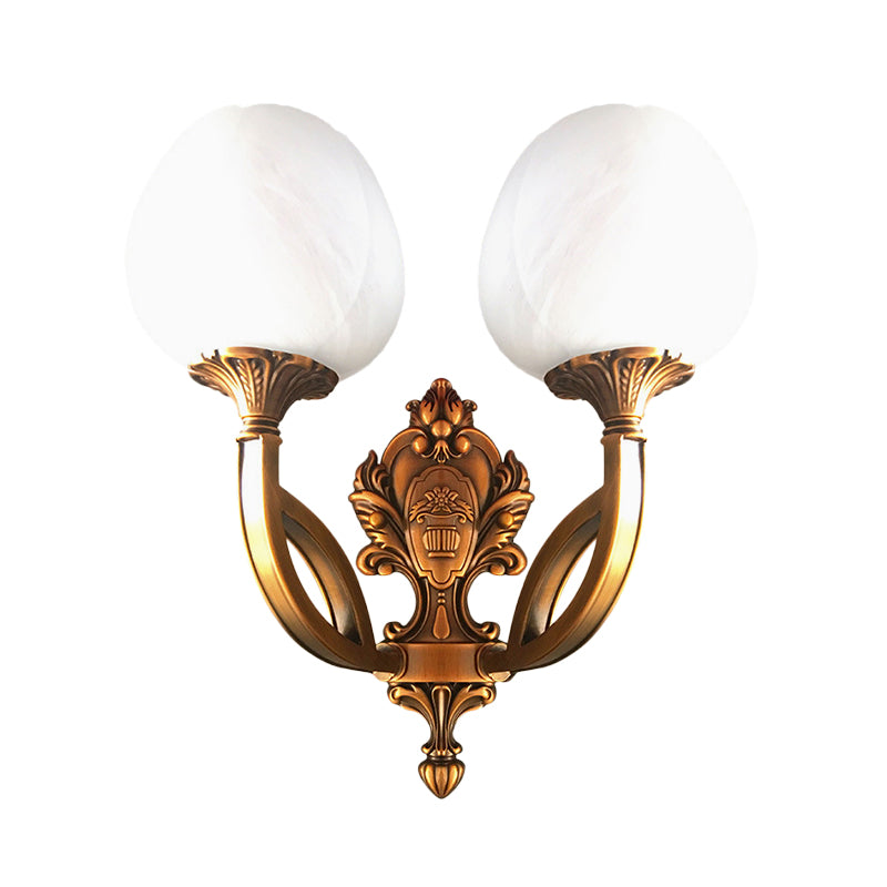 Tulip White Glass Wall Light Sconce Country 1/2-Bulb Living Room Wall Lighting Fixture in Brass with Curved Arm Clearhalo 'Wall Lamps & Sconces' 'Wall Lights' Lighting' 1687648