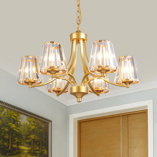 Conic Crystal Prisms Ceiling Lamp Minimalism 6-Light Gold Pendant Chandelier with Curvy Arm Gold Clearhalo 'Ceiling Lights' 'Chandeliers' 'Modern Chandeliers' 'Modern' Lighting' 1687658