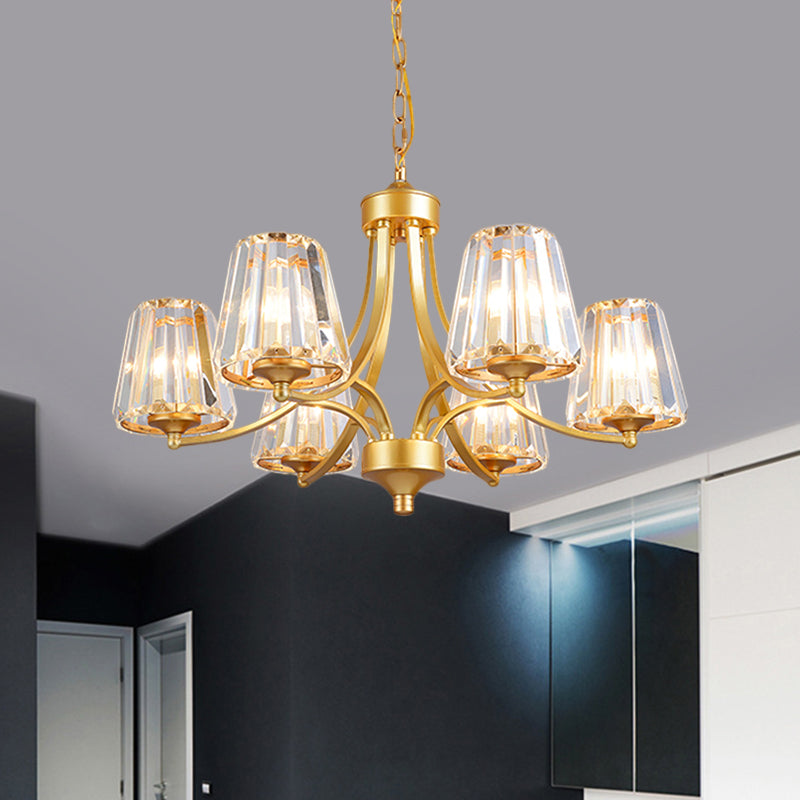 Conic Crystal Prisms Ceiling Lamp Minimalism 6-Light Gold Pendant Chandelier with Curvy Arm Clearhalo 'Ceiling Lights' 'Chandeliers' 'Modern Chandeliers' 'Modern' Lighting' 1687659