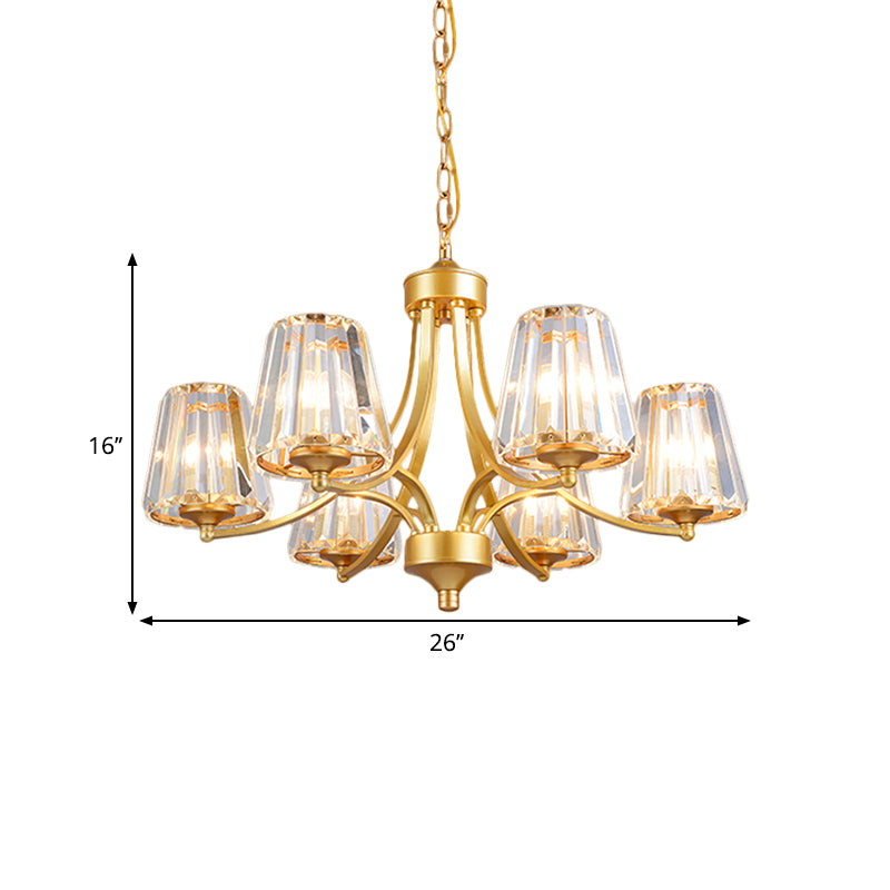 Conic Crystal Prisms Ceiling Lamp Minimalism 6-Light Gold Pendant Chandelier with Curvy Arm Clearhalo 'Ceiling Lights' 'Chandeliers' 'Modern Chandeliers' 'Modern' Lighting' 1687661