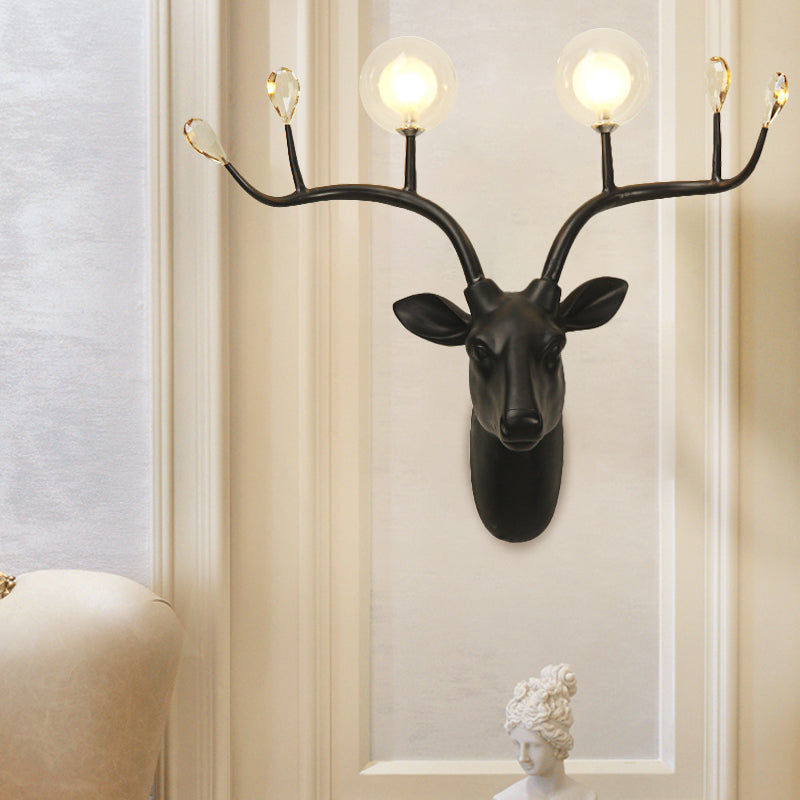 1-Bulb Elk Head Wall Lighting Vintage White/Black Resin Sconce Light Fixture with Modo Clear Glass Shade Black Clearhalo 'Wall Lamps & Sconces' 'Wall Lights' Lighting' 1687736