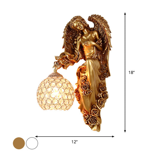 Faceted Crystal Global Sconce Vintage 1 Head Dining Room Wall Lighting Idea with Angel Resin Decor in White/Dark Gold, Left/Right Clearhalo 'Wall Lamps & Sconces' 'Wall Lights' Lighting' 1687747