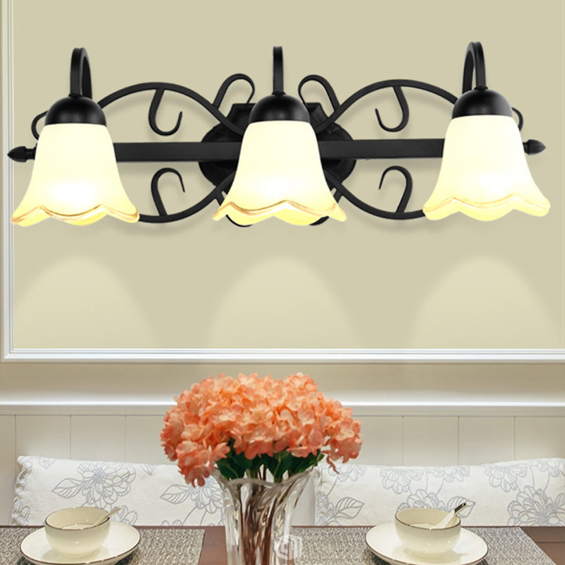 Flower Bathroom Wall Lighting Traditional Frosted Glass 2/3-Head Black Wall Light Sconce with Gooseneck Arm 3.0 Black Clearhalo 'Wall Lamps & Sconces' 'Wall Lights' Lighting' 1687804