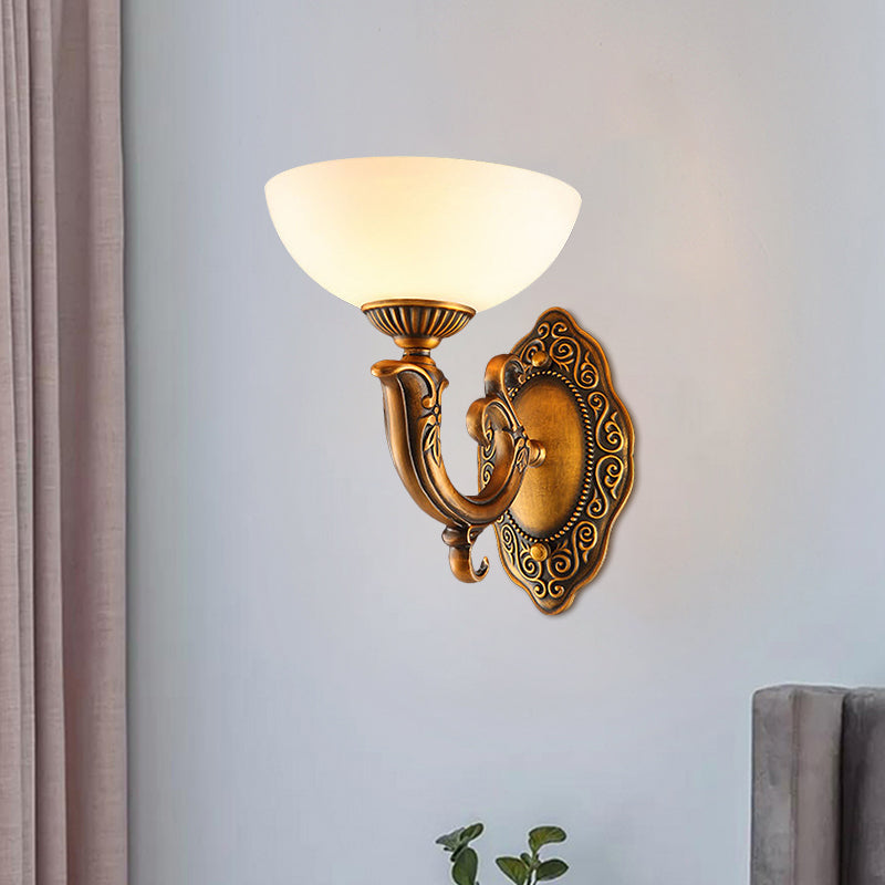 Rustic Swooping Arm Wall Light Sconce 1/2-Light Metal Wall Lighting Ideas in Brass with Bowl Frosted Glass Shade Clearhalo 'Wall Lamps & Sconces' 'Wall Lights' Lighting' 1687814