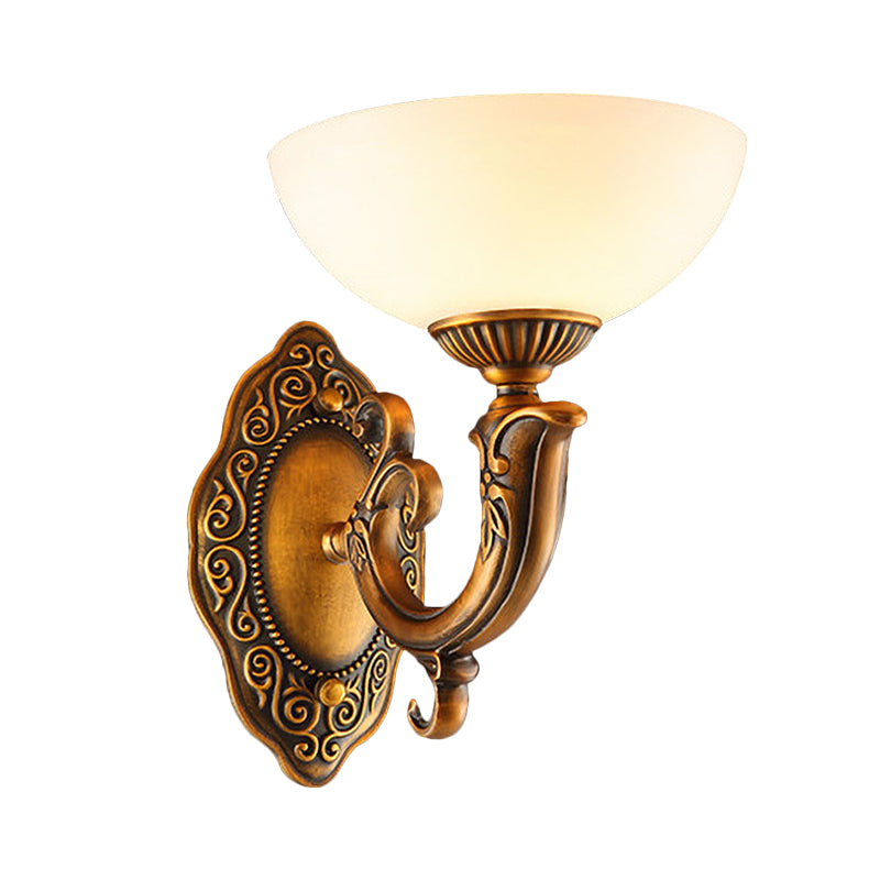 Rustic Swooping Arm Wall Light Sconce 1/2-Light Metal Wall Lighting Ideas in Brass with Bowl Frosted Glass Shade Clearhalo 'Wall Lamps & Sconces' 'Wall Lights' Lighting' 1687816