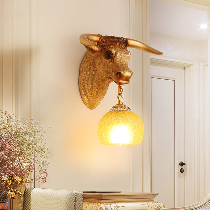 1-Head Resin Wall Light Fixture Country Gold Ox Head Wall Mounted Lamp with Ball Crackle Glass Shade Clearhalo 'Wall Lamps & Sconces' 'Wall Lights' Lighting' 1687824