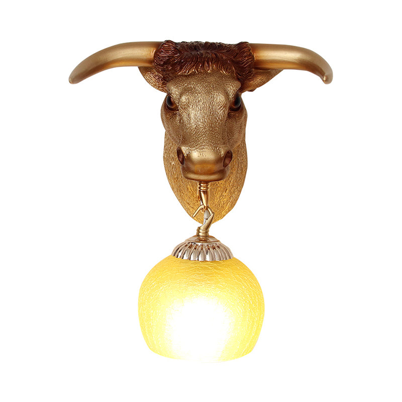 1-Head Resin Wall Light Fixture Country Gold Ox Head Wall Mounted Lamp with Ball Crackle Glass Shade Clearhalo 'Wall Lamps & Sconces' 'Wall Lights' Lighting' 1687825