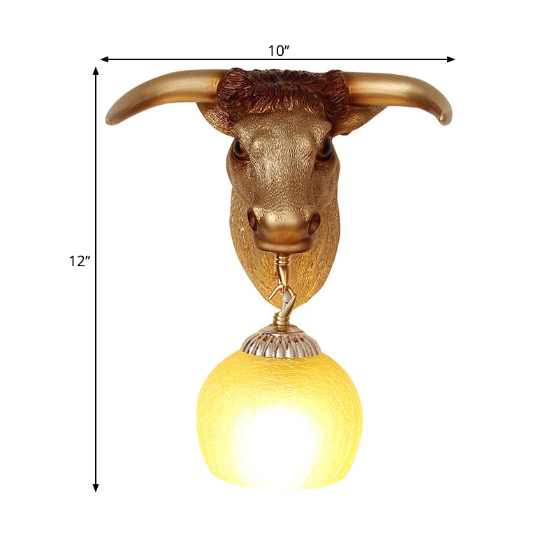 1-Head Resin Wall Light Fixture Country Gold Ox Head Wall Mounted Lamp with Ball Crackle Glass Shade Clearhalo 'Wall Lamps & Sconces' 'Wall Lights' Lighting' 1687826