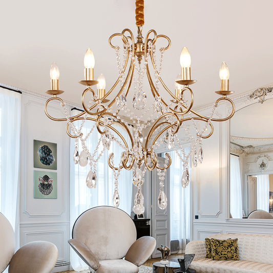 Candlestick Chandelier Lamp Contemporary Metal 6 Lights Gold Ceiling Pendant with Crystal Accent Gold Clearhalo 'Ceiling Lights' 'Chandeliers' 'Modern Chandeliers' 'Modern' Lighting' 1687831