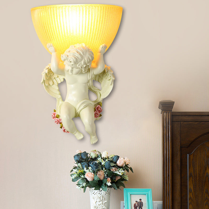 Single Bulb Angel Wall Lighting Vintage Silver/White/Beige Resin Wall Mounted Lamp with Bowl Amber Fluted Glass Shade Beige Clearhalo 'Wall Lamps & Sconces' 'Wall Lights' Lighting' 1687888