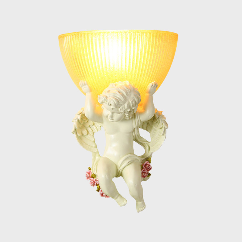 Single Bulb Angel Wall Lighting Vintage Silver/White/Beige Resin Wall Mounted Lamp with Bowl Amber Fluted Glass Shade Clearhalo 'Wall Lamps & Sconces' 'Wall Lights' Lighting' 1687889