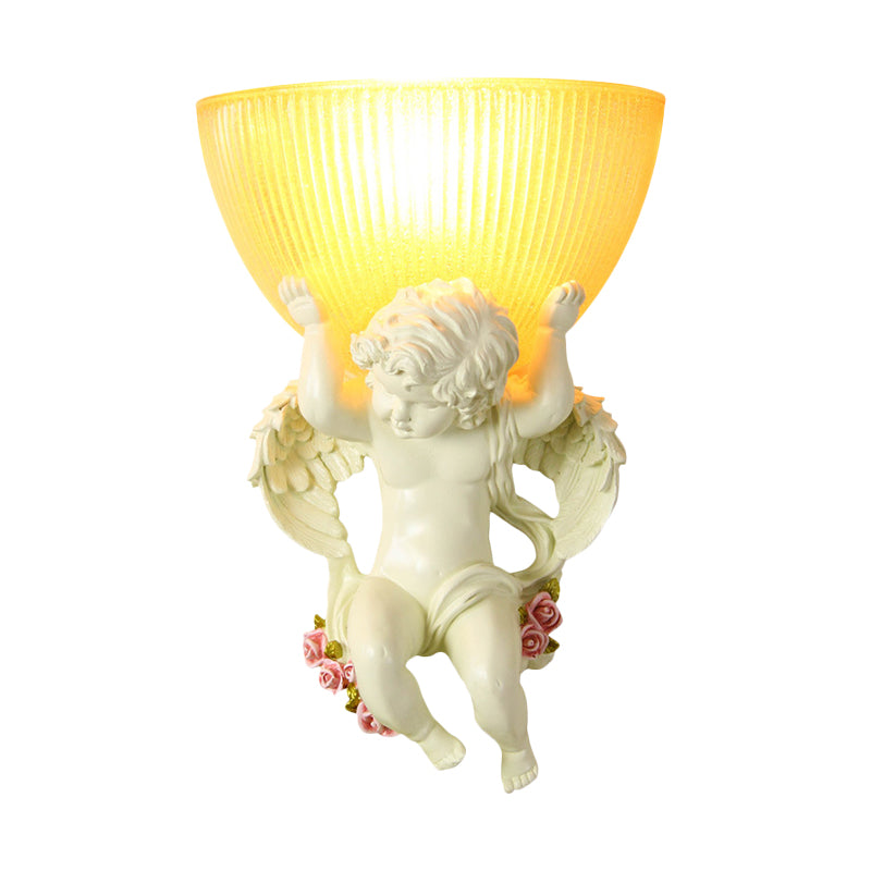 Single Bulb Angel Wall Lighting Vintage Silver/White/Beige Resin Wall Mounted Lamp with Bowl Amber Fluted Glass Shade Clearhalo 'Wall Lamps & Sconces' 'Wall Lights' Lighting' 1687890