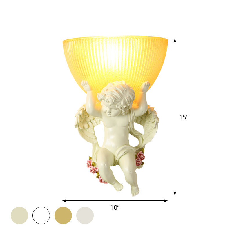 Single Bulb Angel Wall Lighting Vintage Silver/White/Beige Resin Wall Mounted Lamp with Bowl Amber Fluted Glass Shade Clearhalo 'Wall Lamps & Sconces' 'Wall Lights' Lighting' 1687891