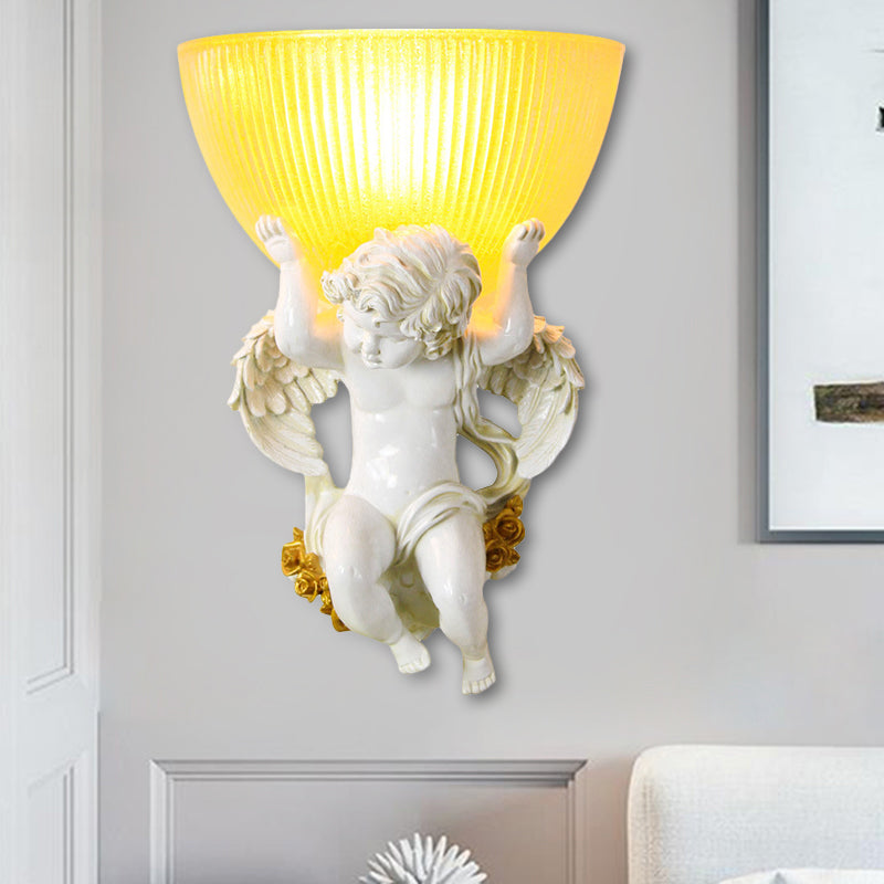 Single Bulb Angel Wall Lighting Vintage Silver/White/Beige Resin Wall Mounted Lamp with Bowl Amber Fluted Glass Shade White Clearhalo 'Wall Lamps & Sconces' 'Wall Lights' Lighting' 1687892