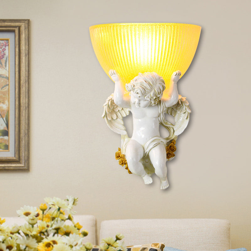 Single Bulb Angel Wall Lighting Vintage Silver/White/Beige Resin Wall Mounted Lamp with Bowl Amber Fluted Glass Shade Clearhalo 'Wall Lamps & Sconces' 'Wall Lights' Lighting' 1687893