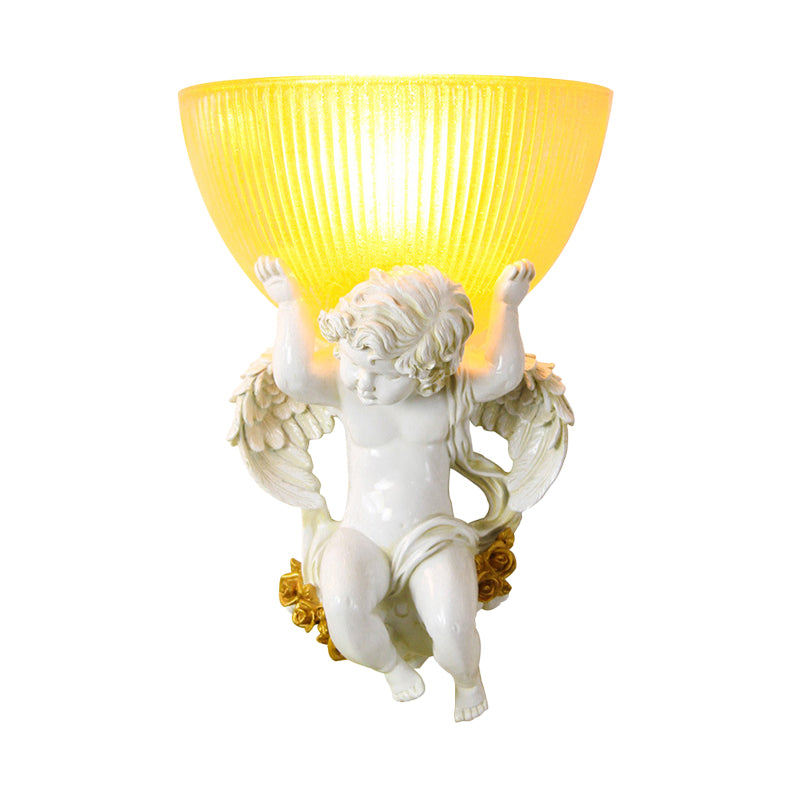 Single Bulb Angel Wall Lighting Vintage Silver/White/Beige Resin Wall Mounted Lamp with Bowl Amber Fluted Glass Shade Clearhalo 'Wall Lamps & Sconces' 'Wall Lights' Lighting' 1687895