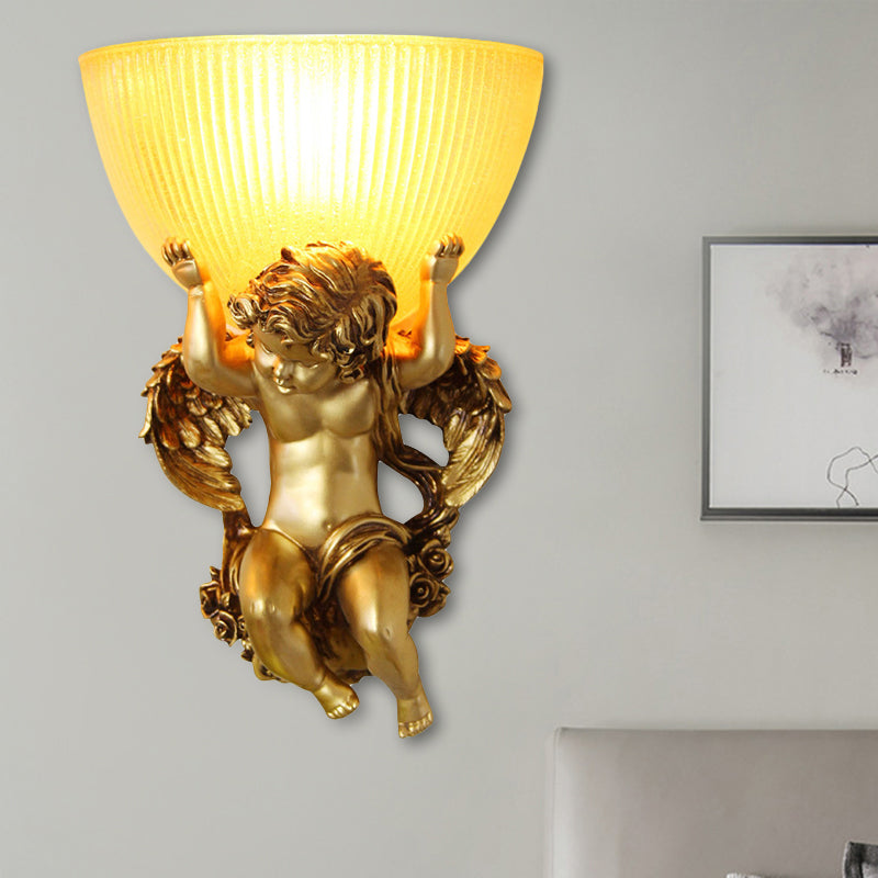 Single Bulb Angel Wall Lighting Vintage Silver/White/Beige Resin Wall Mounted Lamp with Bowl Amber Fluted Glass Shade Bronze Clearhalo 'Wall Lamps & Sconces' 'Wall Lights' Lighting' 1687896