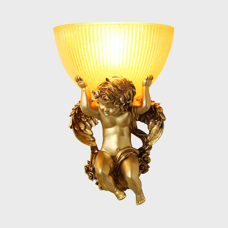 Single Bulb Angel Wall Lighting Vintage Silver/White/Beige Resin Wall Mounted Lamp with Bowl Amber Fluted Glass Shade Clearhalo 'Wall Lamps & Sconces' 'Wall Lights' Lighting' 1687898