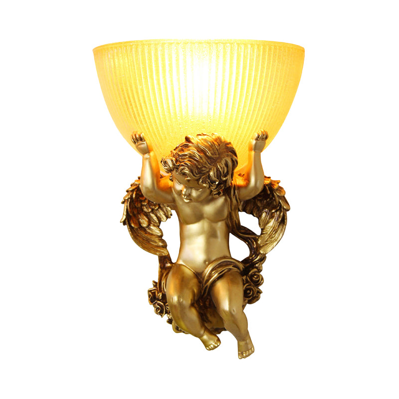 Single Bulb Angel Wall Lighting Vintage Silver/White/Beige Resin Wall Mounted Lamp with Bowl Amber Fluted Glass Shade Clearhalo 'Wall Lamps & Sconces' 'Wall Lights' Lighting' 1687899