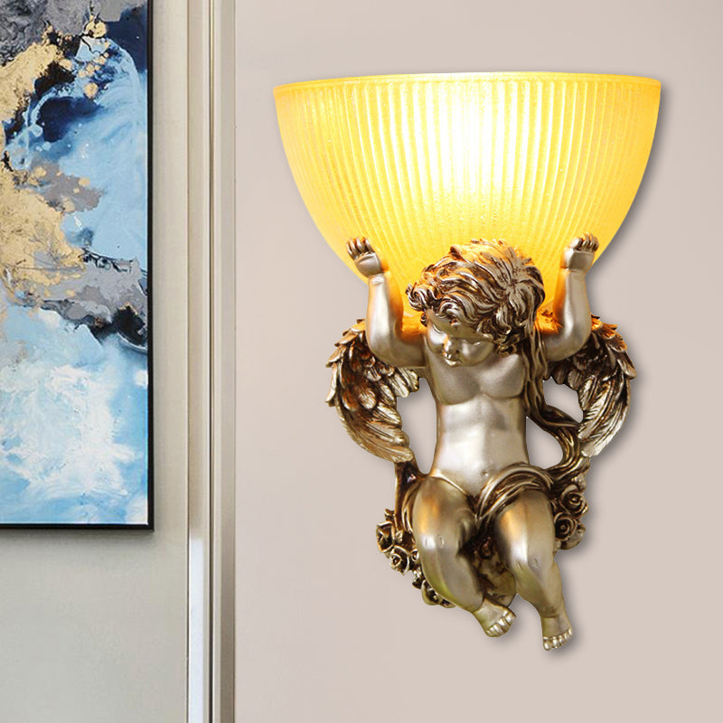 Single Bulb Angel Wall Lighting Vintage Silver/White/Beige Resin Wall Mounted Lamp with Bowl Amber Fluted Glass Shade Silver Clearhalo 'Wall Lamps & Sconces' 'Wall Lights' Lighting' 1687900