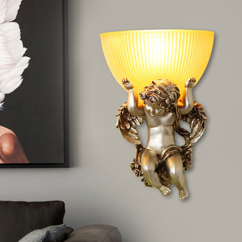 Single Bulb Angel Wall Lighting Vintage Silver/White/Beige Resin Wall Mounted Lamp with Bowl Amber Fluted Glass Shade Clearhalo 'Wall Lamps & Sconces' 'Wall Lights' Lighting' 1687901