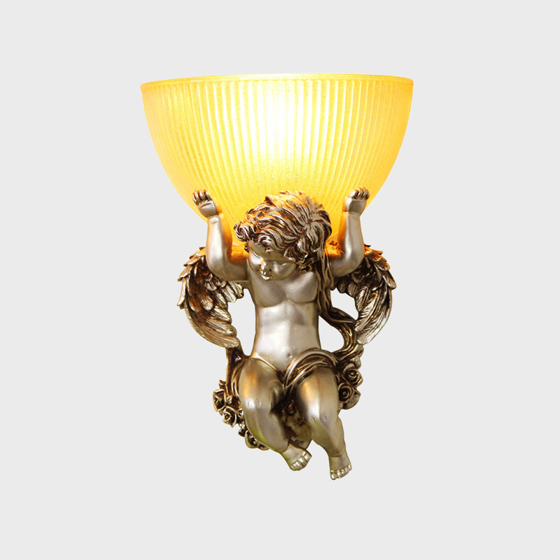 Single Bulb Angel Wall Lighting Vintage Silver/White/Beige Resin Wall Mounted Lamp with Bowl Amber Fluted Glass Shade Clearhalo 'Wall Lamps & Sconces' 'Wall Lights' Lighting' 1687902