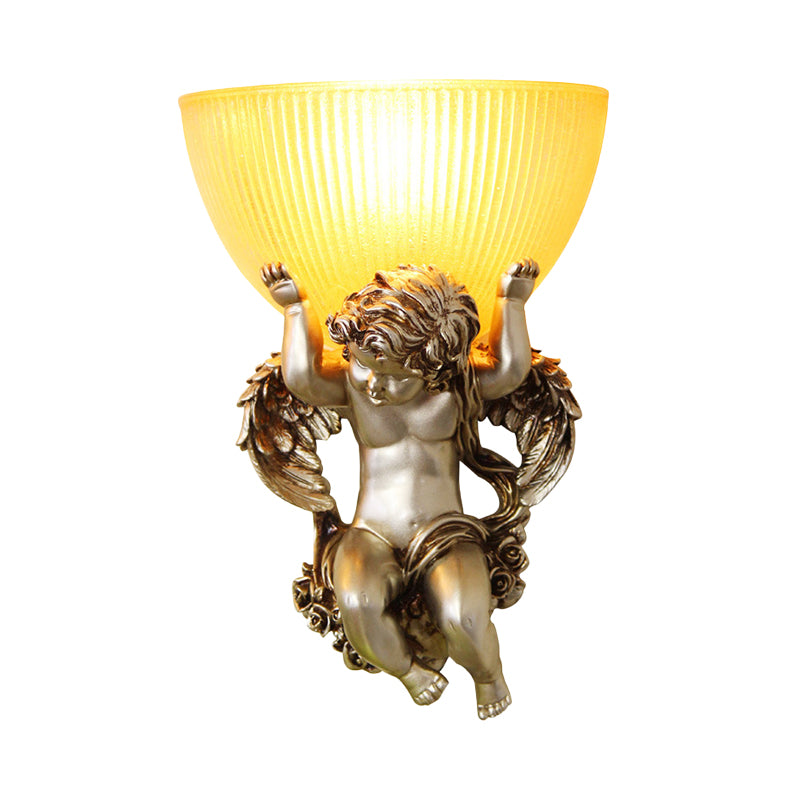 Single Bulb Angel Wall Lighting Vintage Silver/White/Beige Resin Wall Mounted Lamp with Bowl Amber Fluted Glass Shade Clearhalo 'Wall Lamps & Sconces' 'Wall Lights' Lighting' 1687903