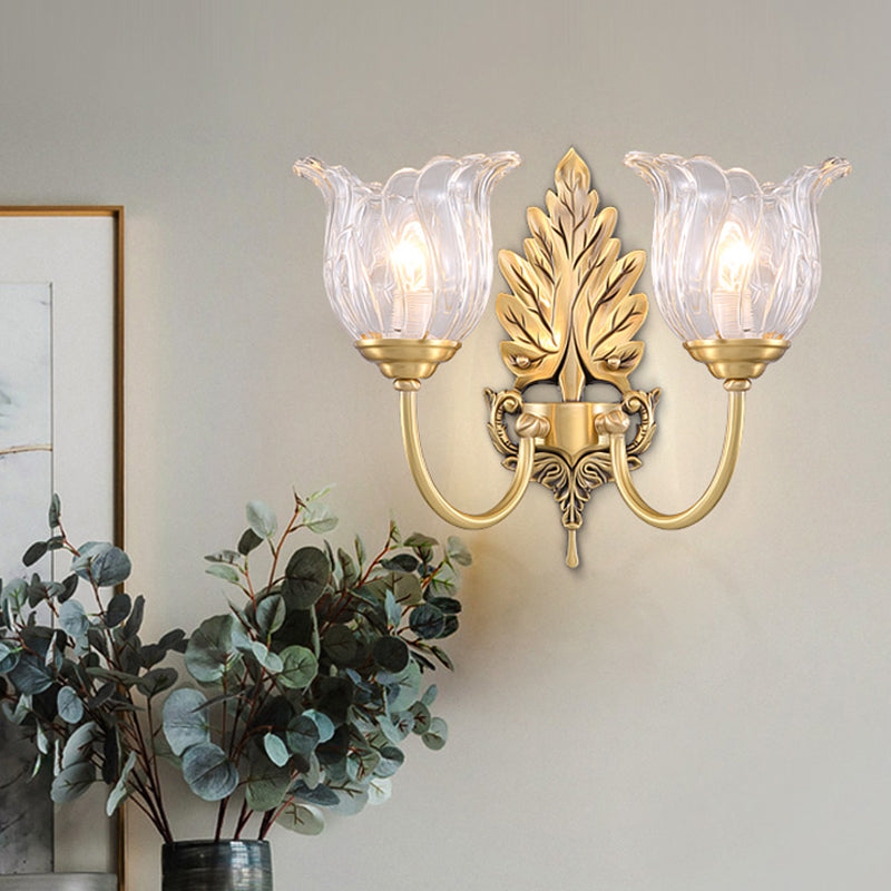 Bloom Living Room Wall Mount Light Classic Clear Fluted Glass 1/2 Heads Gold Wall Sconce Lighting Clearhalo 'Wall Lamps & Sconces' 'Wall Lights' Lighting' 1687909