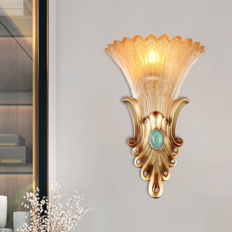 Scalloped Corridor Wall Sconce Loft Style Amber Ribbed Glass 1-Bulb Gold Wall Lighting with Peacock Feather Design Gold Clearhalo 'Wall Lamps & Sconces' 'Wall Lights' Lighting' 1687925