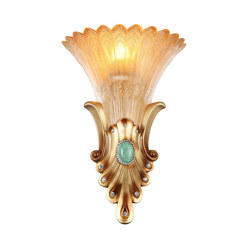 Scalloped Corridor Wall Sconce Loft Style Amber Ribbed Glass 1-Bulb Gold Wall Lighting with Peacock Feather Design Clearhalo 'Wall Lamps & Sconces' 'Wall Lights' Lighting' 1687927