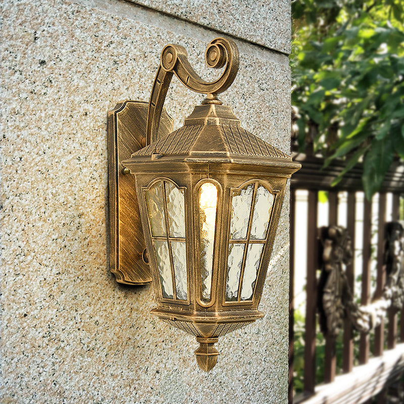 Lantern Porch Wall Lighting Traditional Dimpled Glass 9.5"/12" W 1-Bulb Black/Brass Wall Mounted Light, Up/Down Brass Down Clearhalo 'Art deco wall lights' 'Cast Iron' 'Glass' 'Industrial wall lights' 'Industrial' 'Middle century wall lights' 'Modern' 'Rustic wall lights' 'Tiffany' 'Traditional wall lights' 'Wall Lamps & Sconces' 'Wall Lights' Lighting' 1687933