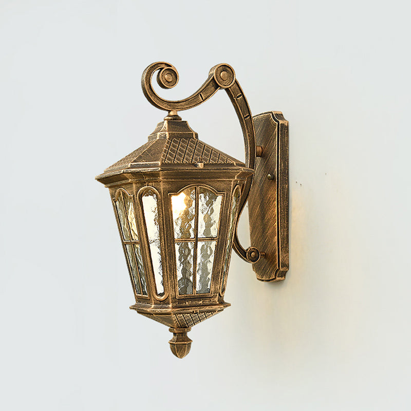 Lantern Porch Wall Lighting Traditional Dimpled Glass 9.5"/12" W 1-Bulb Black/Brass Wall Mounted Light, Up/Down Clearhalo 'Art deco wall lights' 'Cast Iron' 'Glass' 'Industrial wall lights' 'Industrial' 'Middle century wall lights' 'Modern' 'Rustic wall lights' 'Tiffany' 'Traditional wall lights' 'Wall Lamps & Sconces' 'Wall Lights' Lighting' 1687934