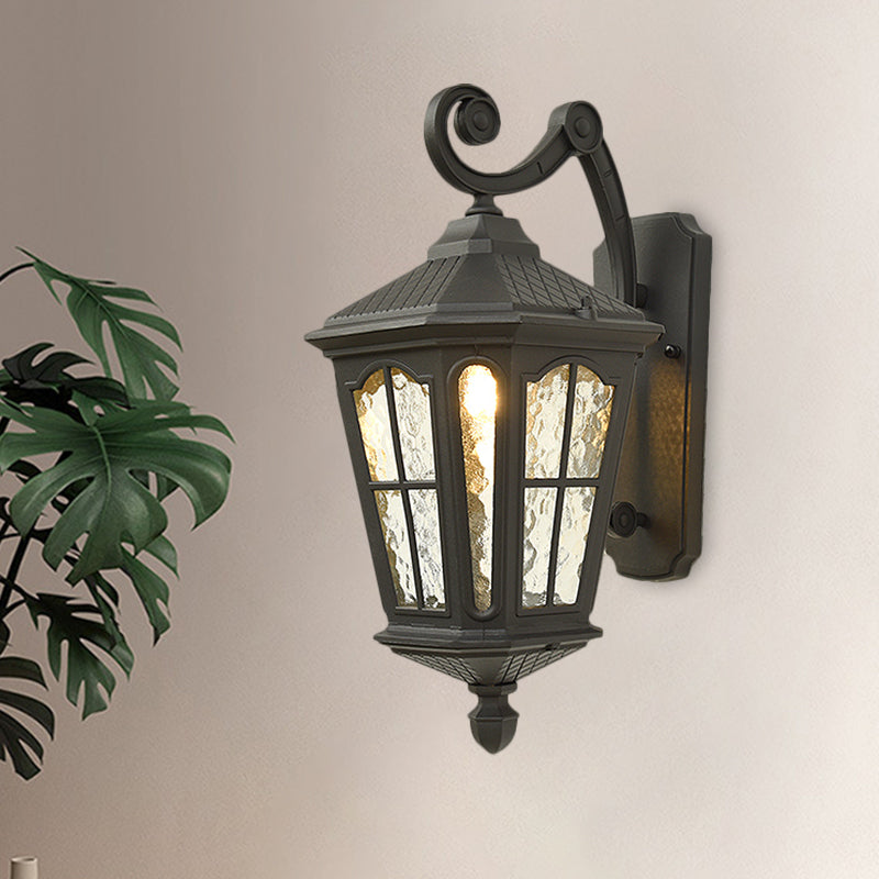 Lantern Porch Wall Lighting Traditional Dimpled Glass 9.5"/12" W 1-Bulb Black/Brass Wall Mounted Light, Up/Down Clearhalo 'Art deco wall lights' 'Cast Iron' 'Glass' 'Industrial wall lights' 'Industrial' 'Middle century wall lights' 'Modern' 'Rustic wall lights' 'Tiffany' 'Traditional wall lights' 'Wall Lamps & Sconces' 'Wall Lights' Lighting' 1687939