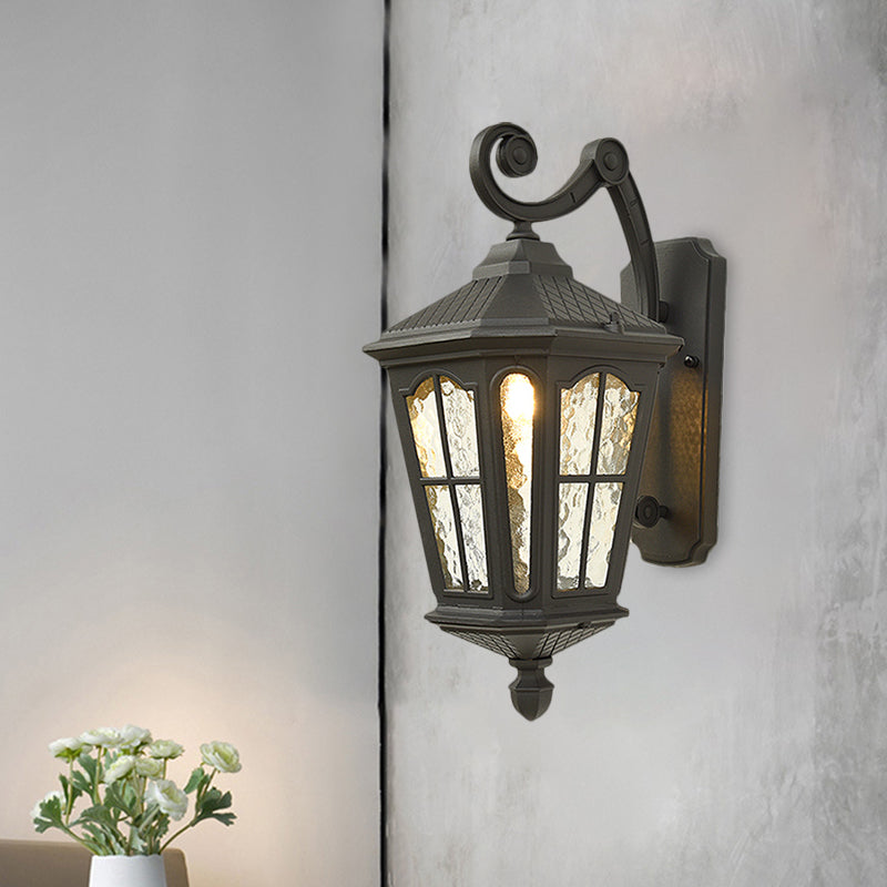 Lantern Porch Wall Lighting Traditional Dimpled Glass 9.5"/12" W 1-Bulb Black/Brass Wall Mounted Light, Up/Down Clearhalo 'Art deco wall lights' 'Cast Iron' 'Glass' 'Industrial wall lights' 'Industrial' 'Middle century wall lights' 'Modern' 'Rustic wall lights' 'Tiffany' 'Traditional wall lights' 'Wall Lamps & Sconces' 'Wall Lights' Lighting' 1687940