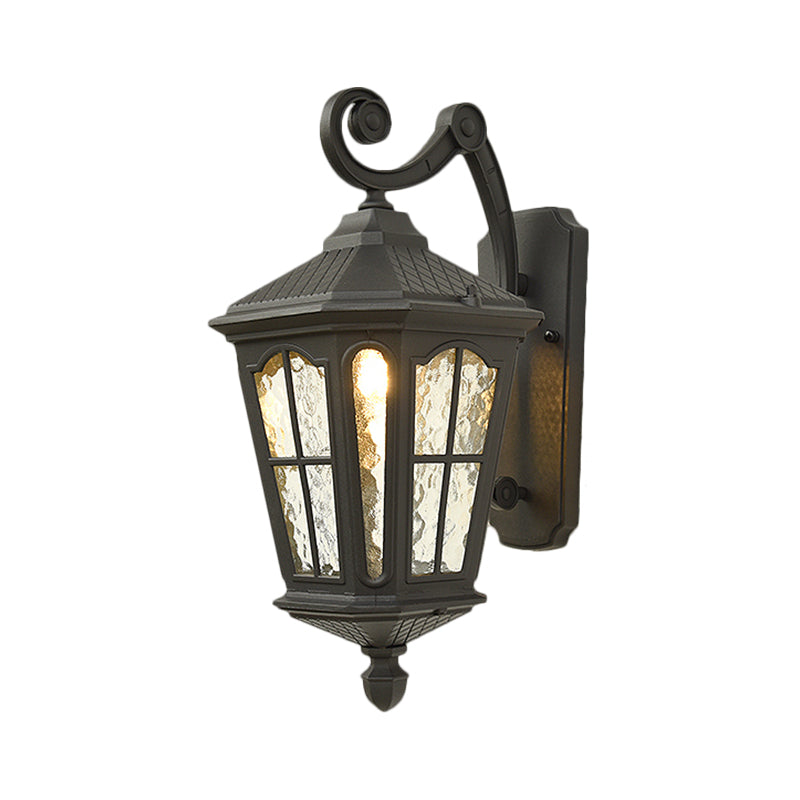 Lantern Porch Wall Lighting Traditional Dimpled Glass 9.5"/12" W 1-Bulb Black/Brass Wall Mounted Light, Up/Down Clearhalo 'Art deco wall lights' 'Cast Iron' 'Glass' 'Industrial wall lights' 'Industrial' 'Middle century wall lights' 'Modern' 'Rustic wall lights' 'Tiffany' 'Traditional wall lights' 'Wall Lamps & Sconces' 'Wall Lights' Lighting' 1687941